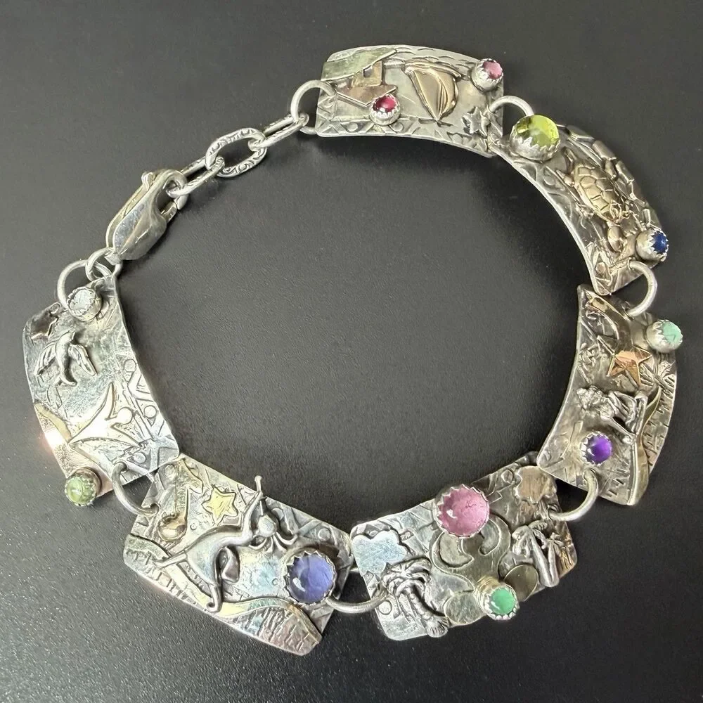 Vintage Handmade Artisan Panel Link Bracelet 925 Sterling Silver 14K Gold & Gems